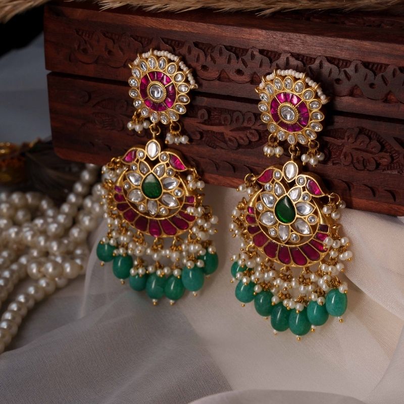 Jiva Pink & White Jadtar Embellished Earrings