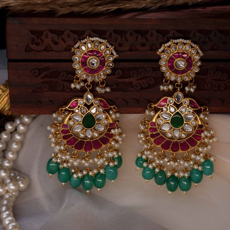 Jiva Pink & White Jadtar Embellished Earrings