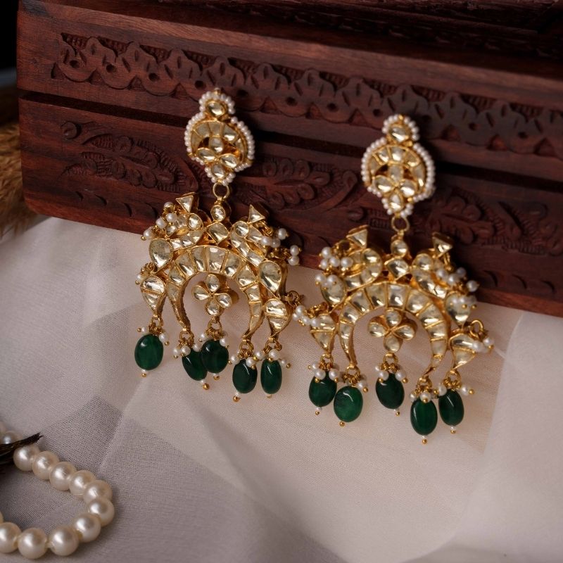 Ishani Green and White Kundan Embellished Earrings