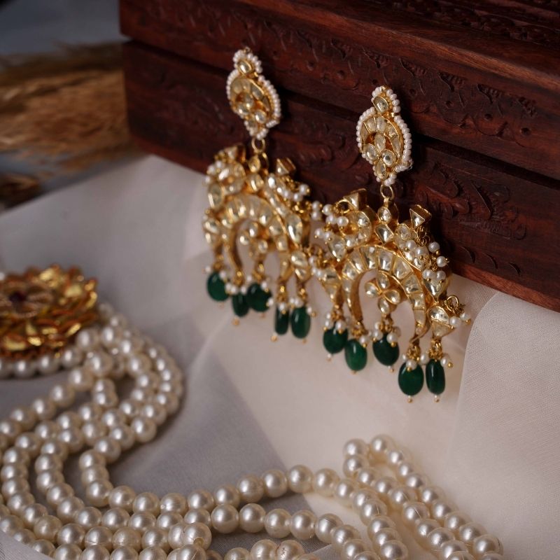 Ishani Green and White Kundan Embellished Earrings