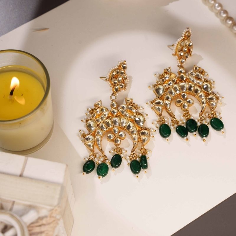 Ishani Green and White Kundan Embellished Earrings