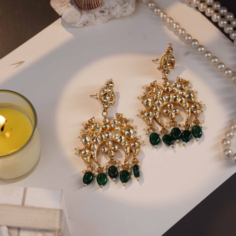 Ishani Green and White Kundan Embellished Earrings