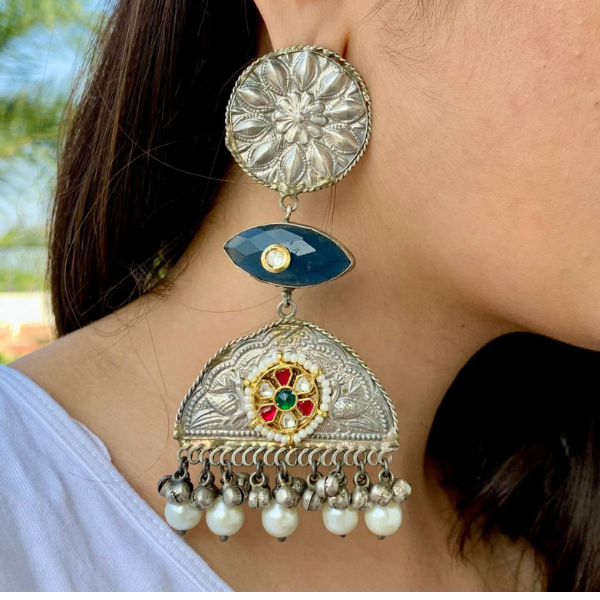 Oxidised Contemporary Long Earring- Blue