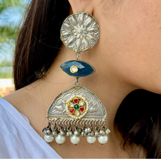 Oxidised Contemporary Long Earring- Blue