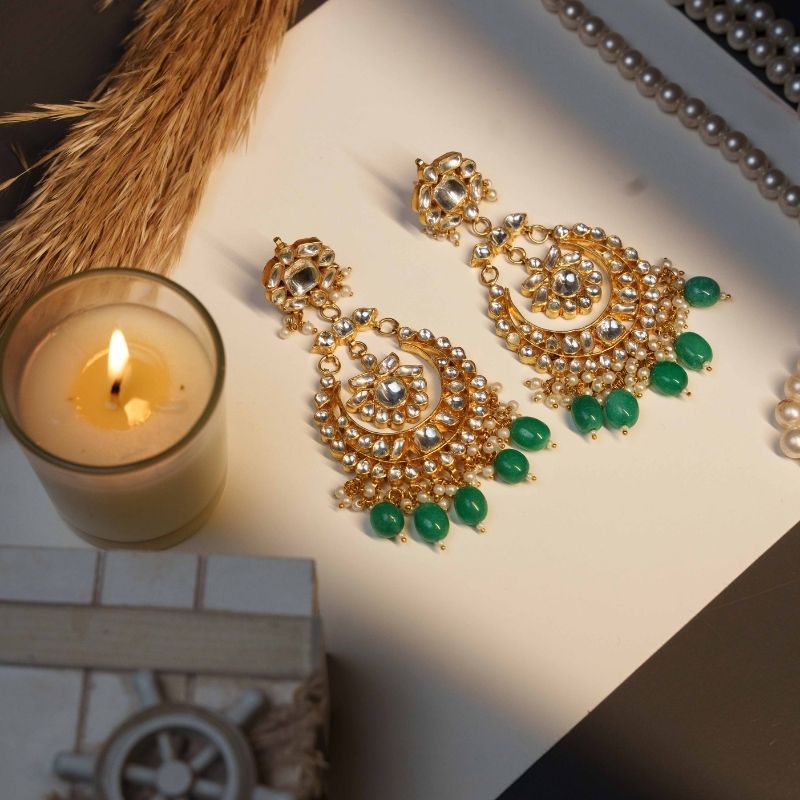 Ragini Green and White Kundan Embellished Earrings