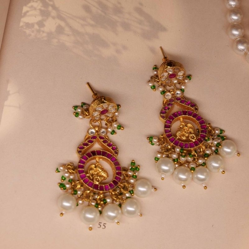 Urvi Pink & White Jadtar Embellished Earrings