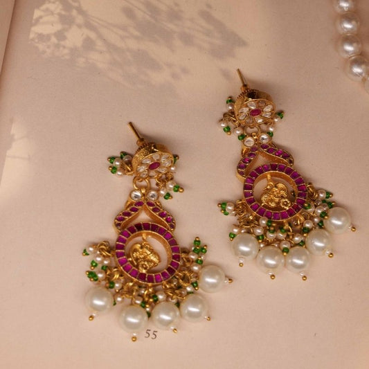 Urvi Pink & White Jadtar Embellished Earrings