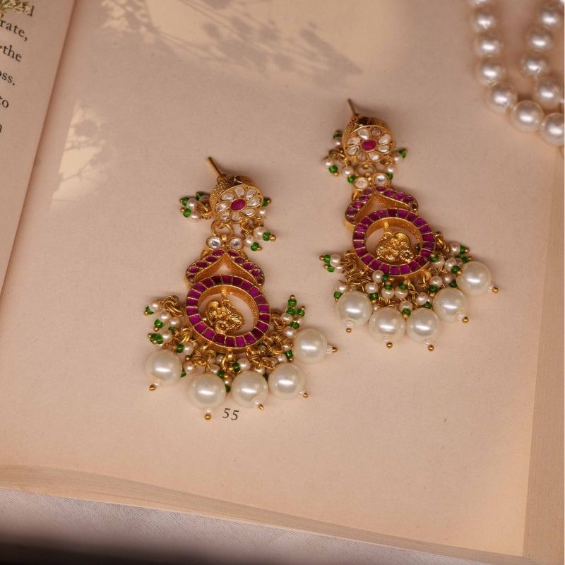 Urvi Pink & White Jadtar Embellished Earrings