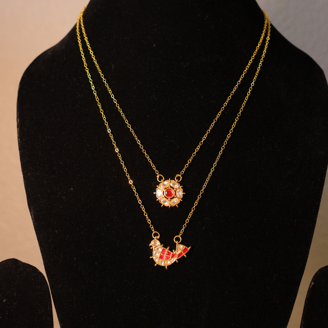 Handcrafted Paachi Kundan Layered Necklace Set with Ruby Floral & Bird Charms