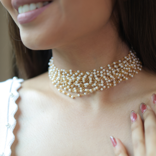 Handcrafted Pearl Choker Necklace for Women – Elegant Multi-Strand Gold Wire Design
