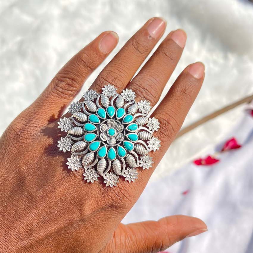 Oxidised Turquoise Floral Ring