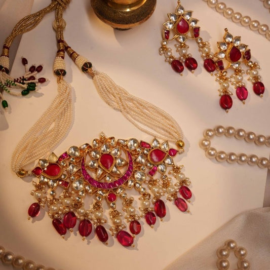 Vibha pink & White Jadtar Embellished Necklace Set