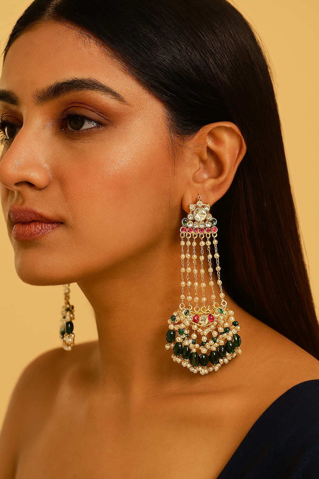 Royal Green Kundan Chandelier Earrings