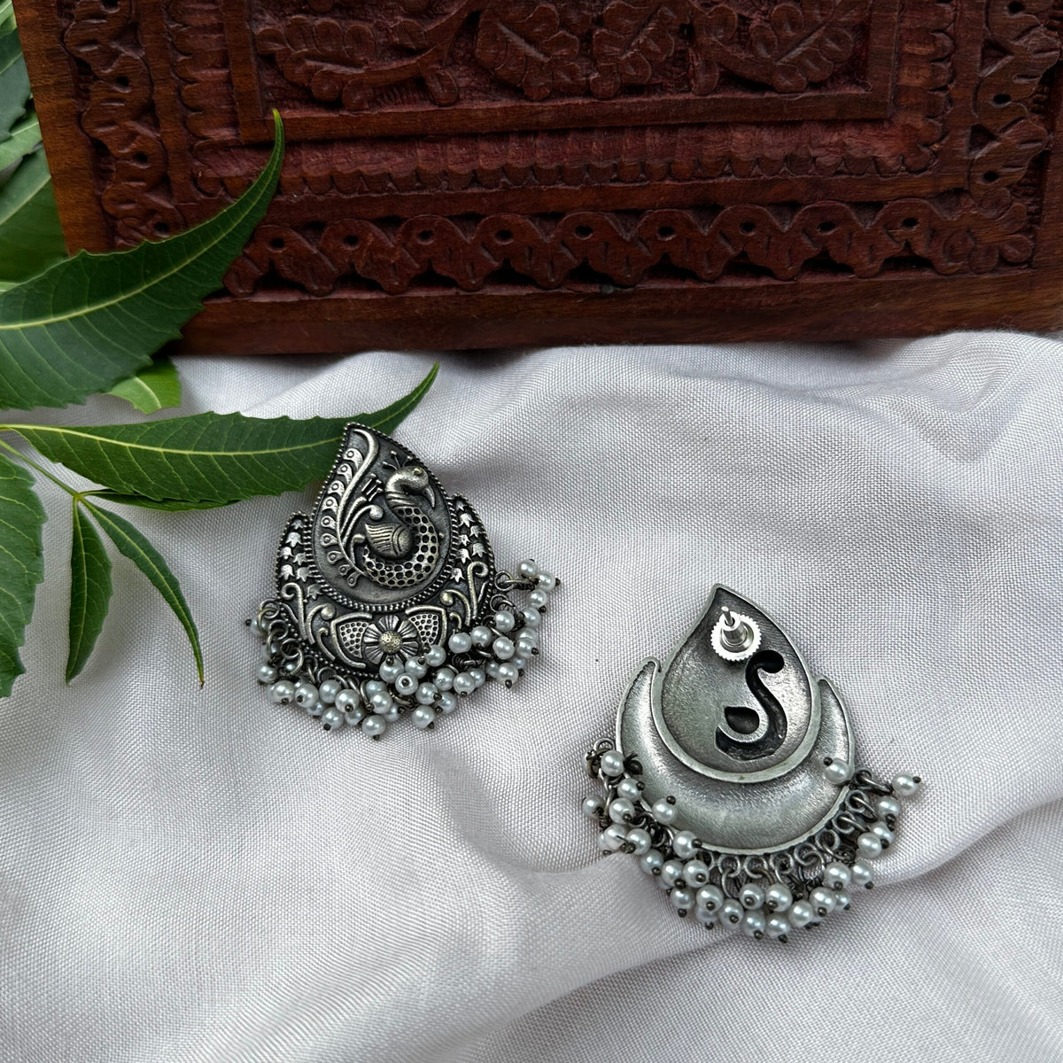 Leaf Pattern Peacock Oxidised Stud Earring