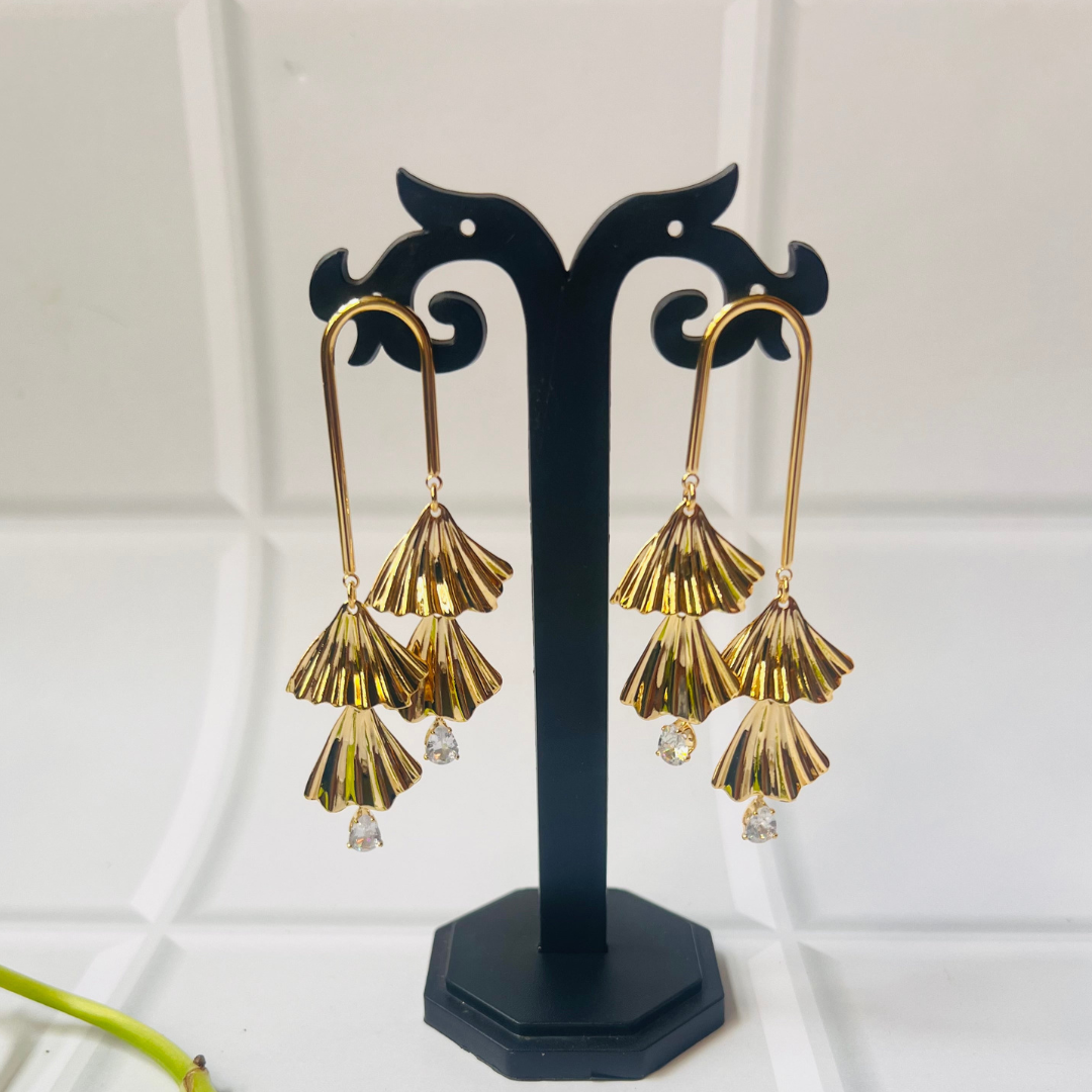Gold Fan Drop Earrings with Crystals | Modern Statement Earrings for Women