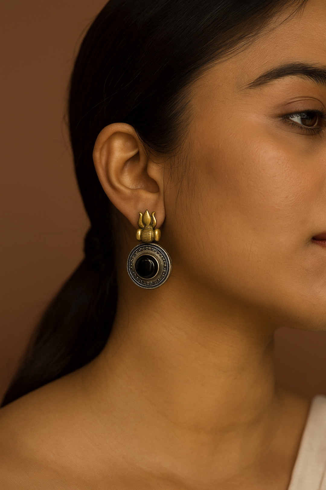 Handcrafted Temple-Inspired Black Stone Silver-Gold Plated Earrings