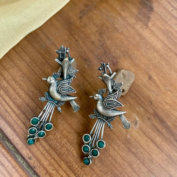Silver Oxidised Bird On Branch Earring