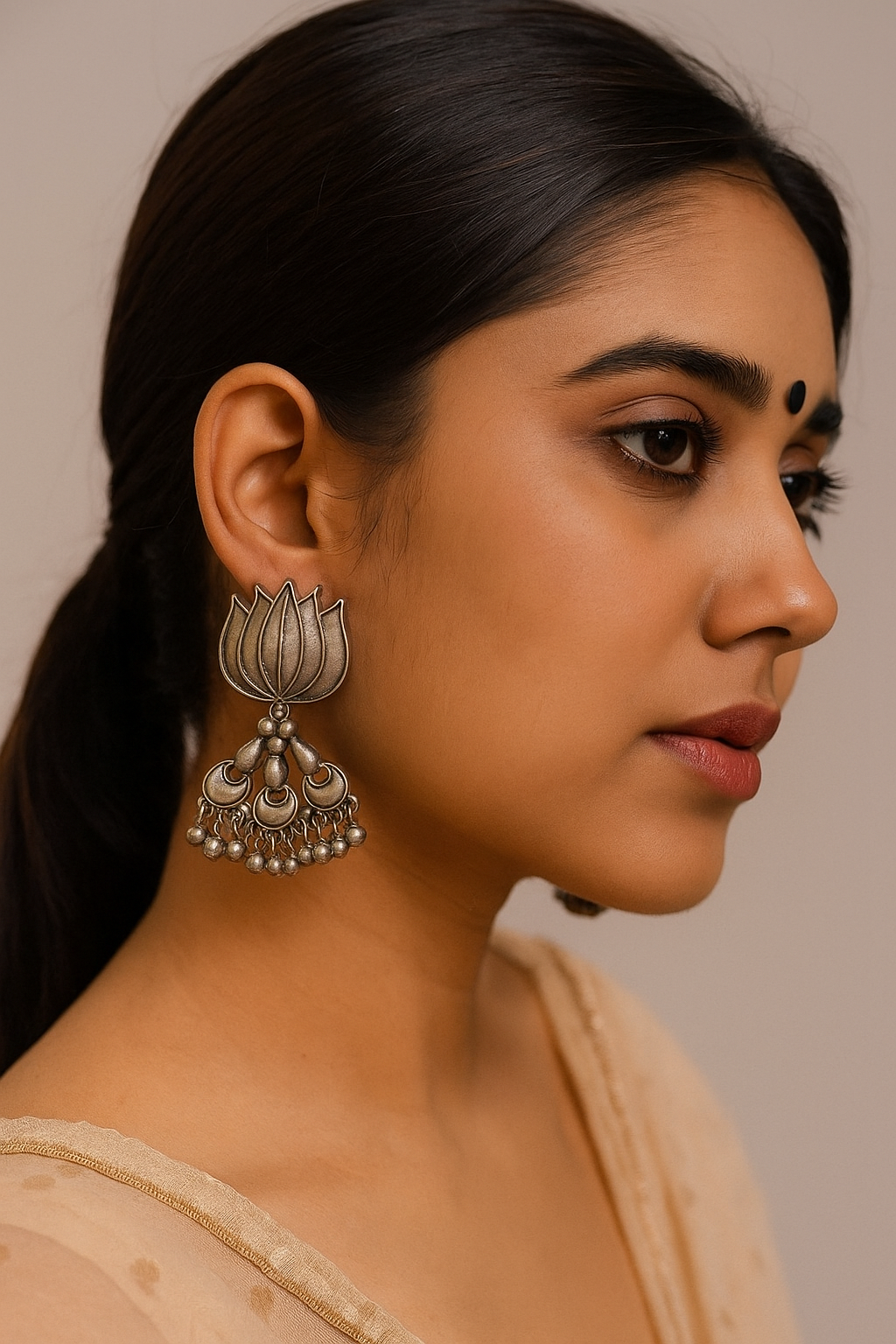 Oxidized Silver Lotus Drop Earrings