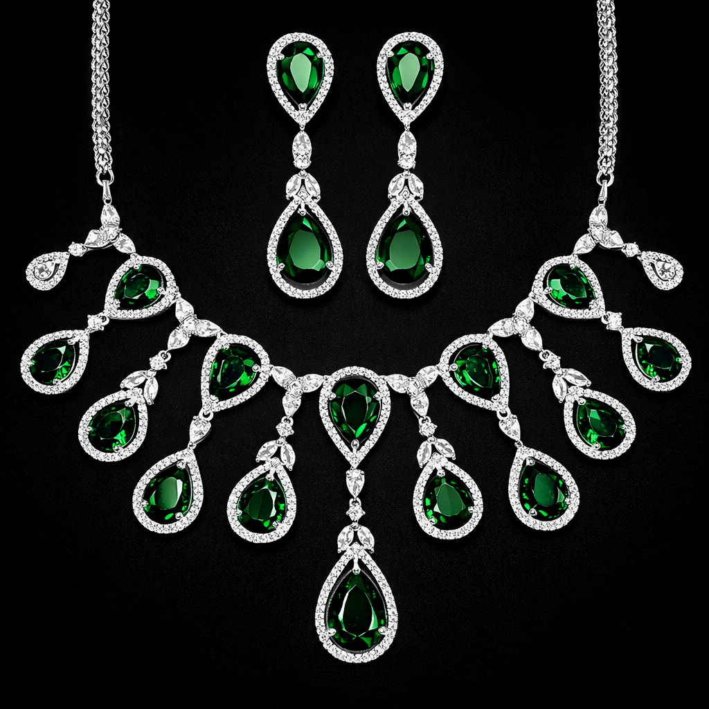 Sparkling Elegant Green Teardrop Faux American Diamond Doublet Necklace