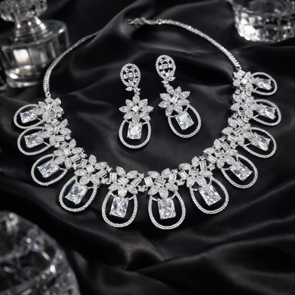 Rhodium Plated Classic American Diamond Necklace Set