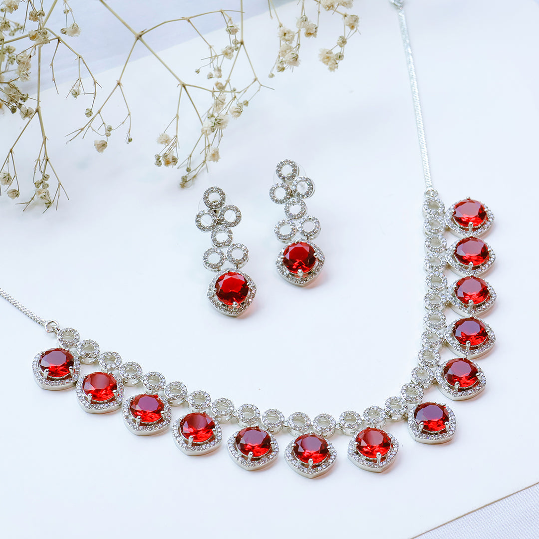 Classic Silver Tone Red American Diamond Studded Set For Women