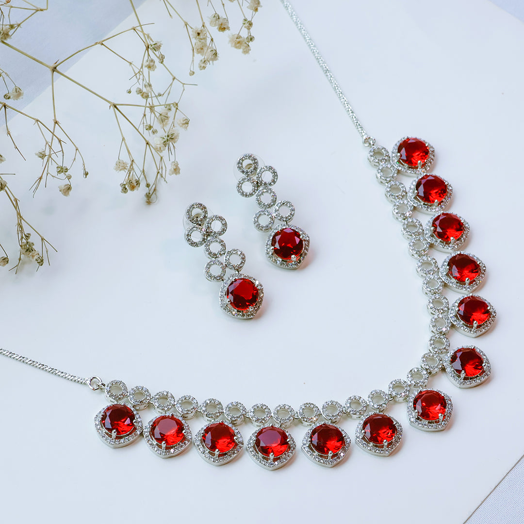 Classic Silver Tone Red American Diamond Studded Set For Women
