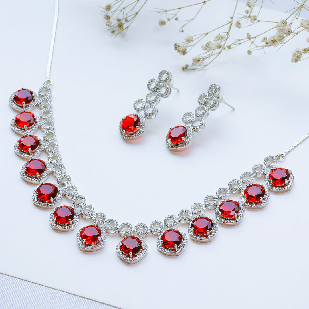 Classic Silver Tone Red American Diamond Studded Set For Women
