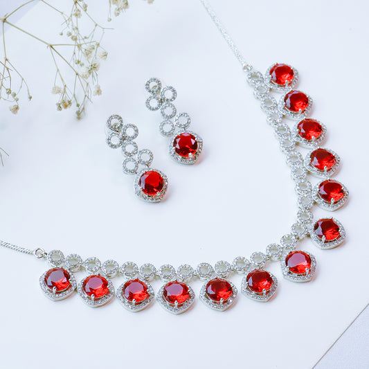 Classic Silver Tone Red American Diamond Studded Set For Women