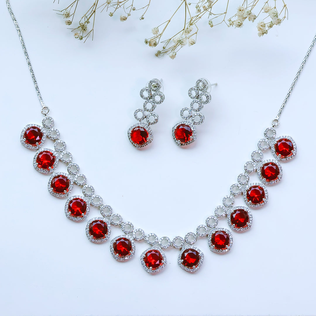Classic Silver Tone Red American Diamond Studded Set For Women