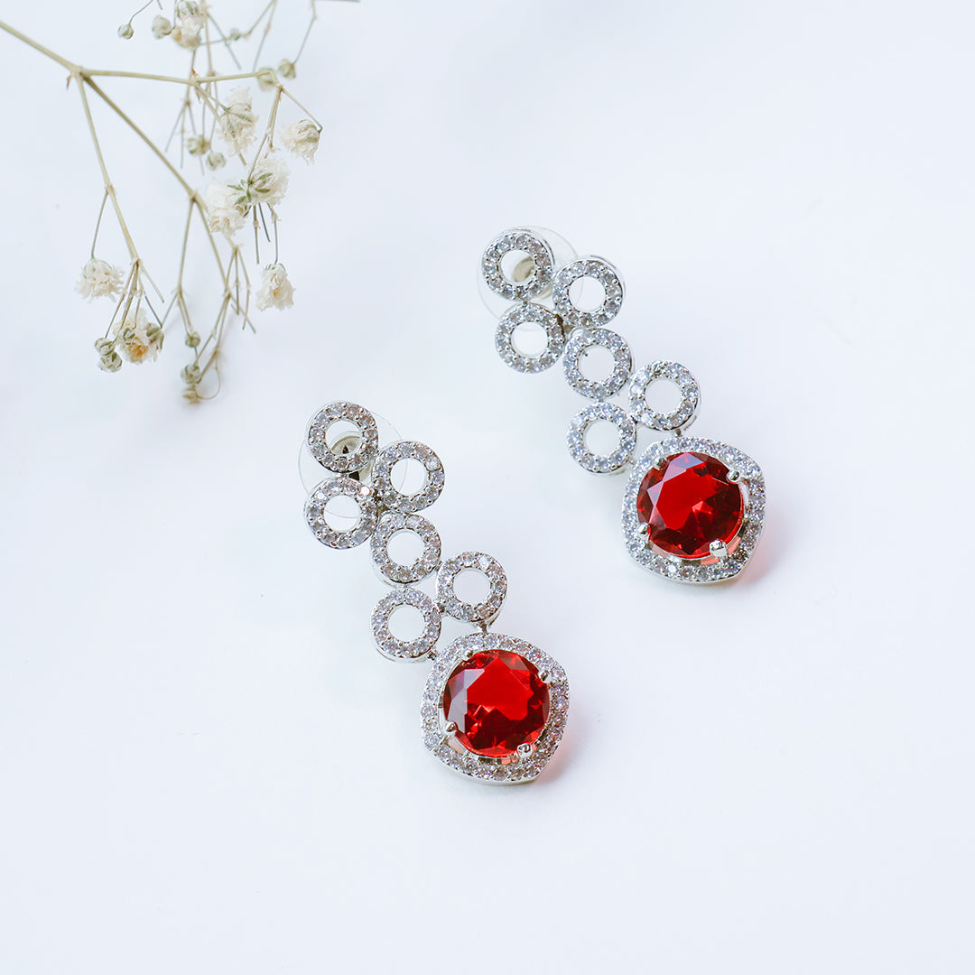 Classic Silver Tone Red American Diamond Studded Set For Women