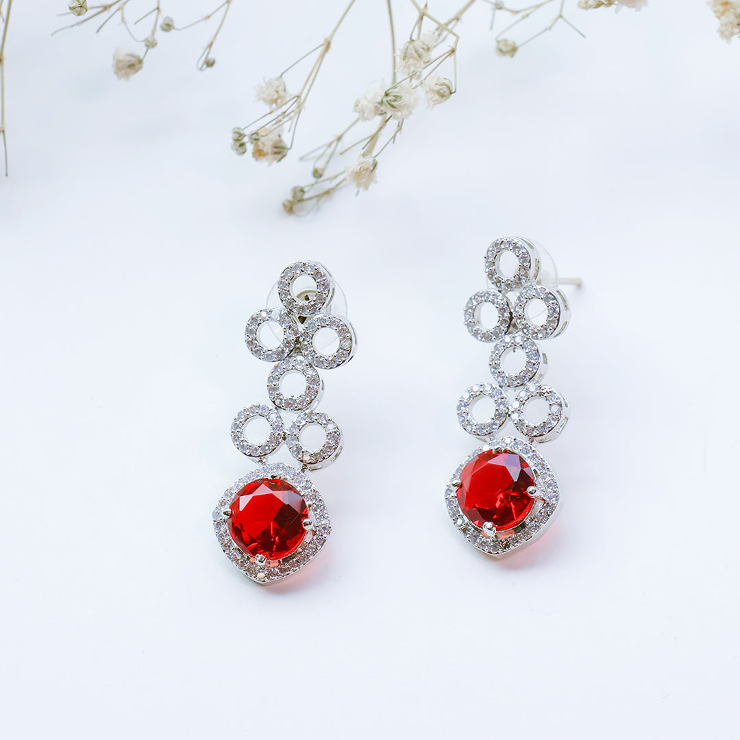 Classic Silver Tone Red American Diamond Studded Set For Women