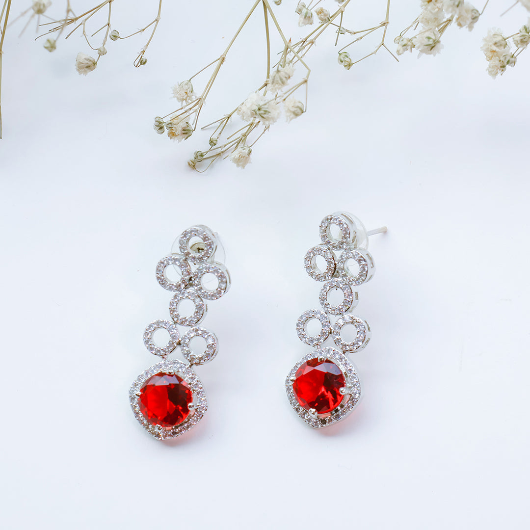 Classic Silver Tone Red American Diamond Studded Set For Women