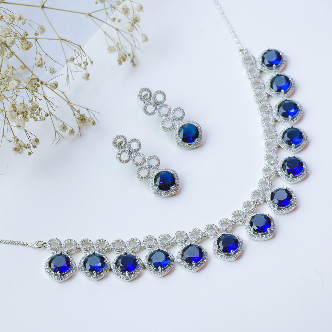 Classic Silver Tone Blue American Diamond Studded Set For Women