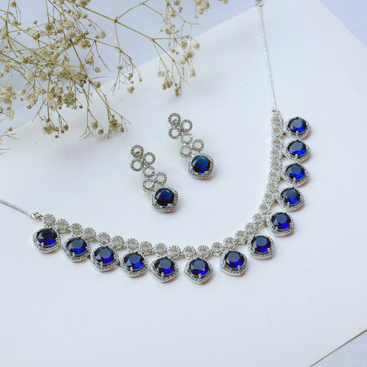 Classic Silver Tone Blue American Diamond Studded Set For Women