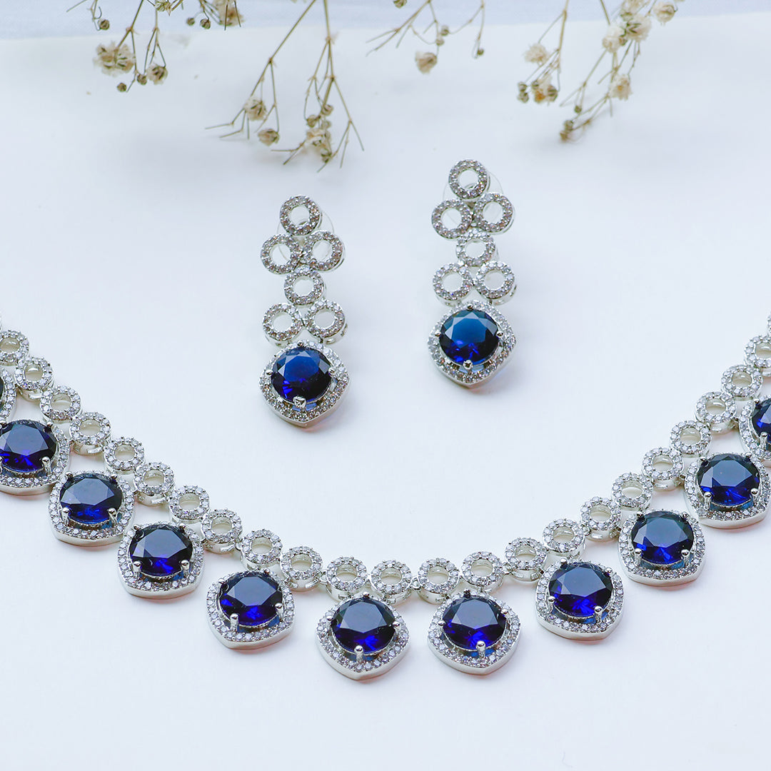 Classic Silver Tone Blue American Diamond Studded Set For Women