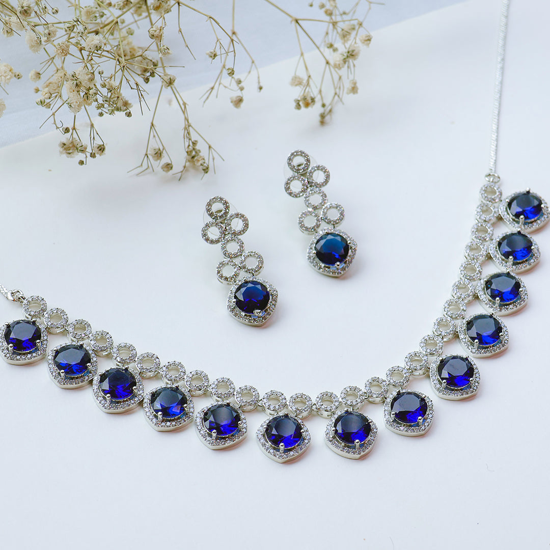 Classic Silver Tone Blue American Diamond Studded Set For Women