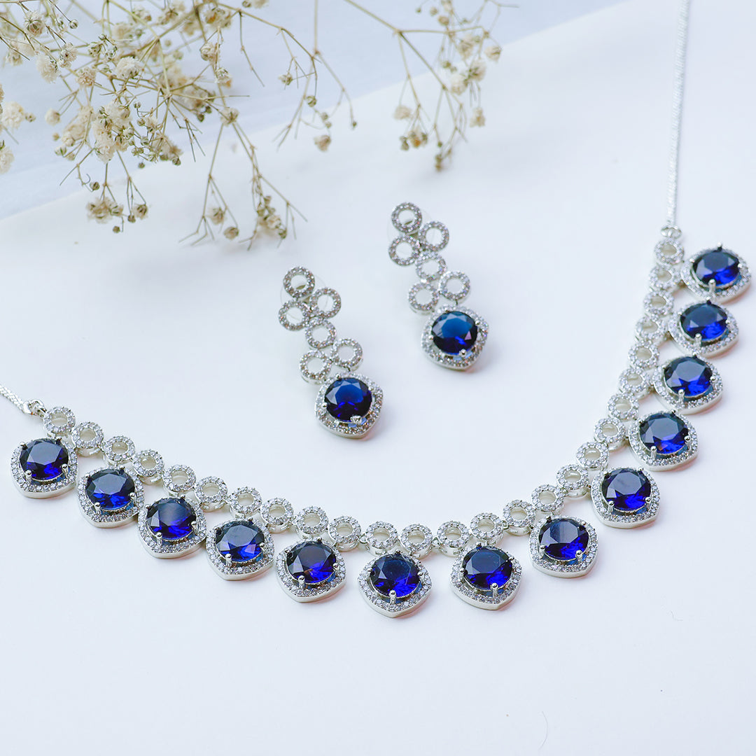 Classic Silver Tone Blue American Diamond Studded Set For Women