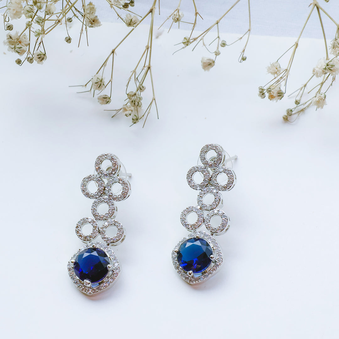 Classic Silver Tone Blue American Diamond Studded Set For Women