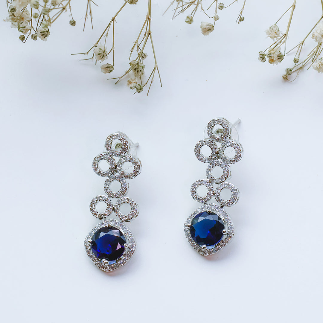 Classic Silver Tone Blue American Diamond Studded Set For Women