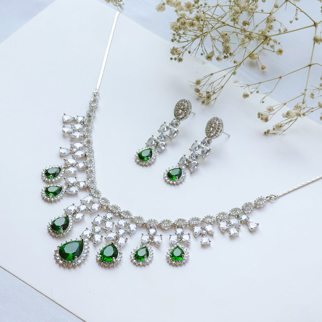 American Diamond Necklace Set with Drop Stones – Bridal & Party Wear Jewellery