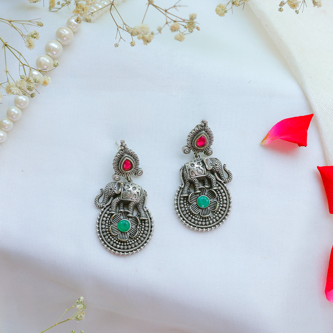 Antique Elephant Motif Oxidized Silver Earrings
