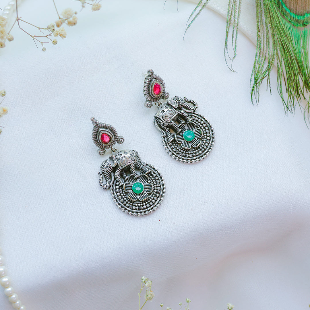 Antique Elephant Motif Oxidized Silver Earrings