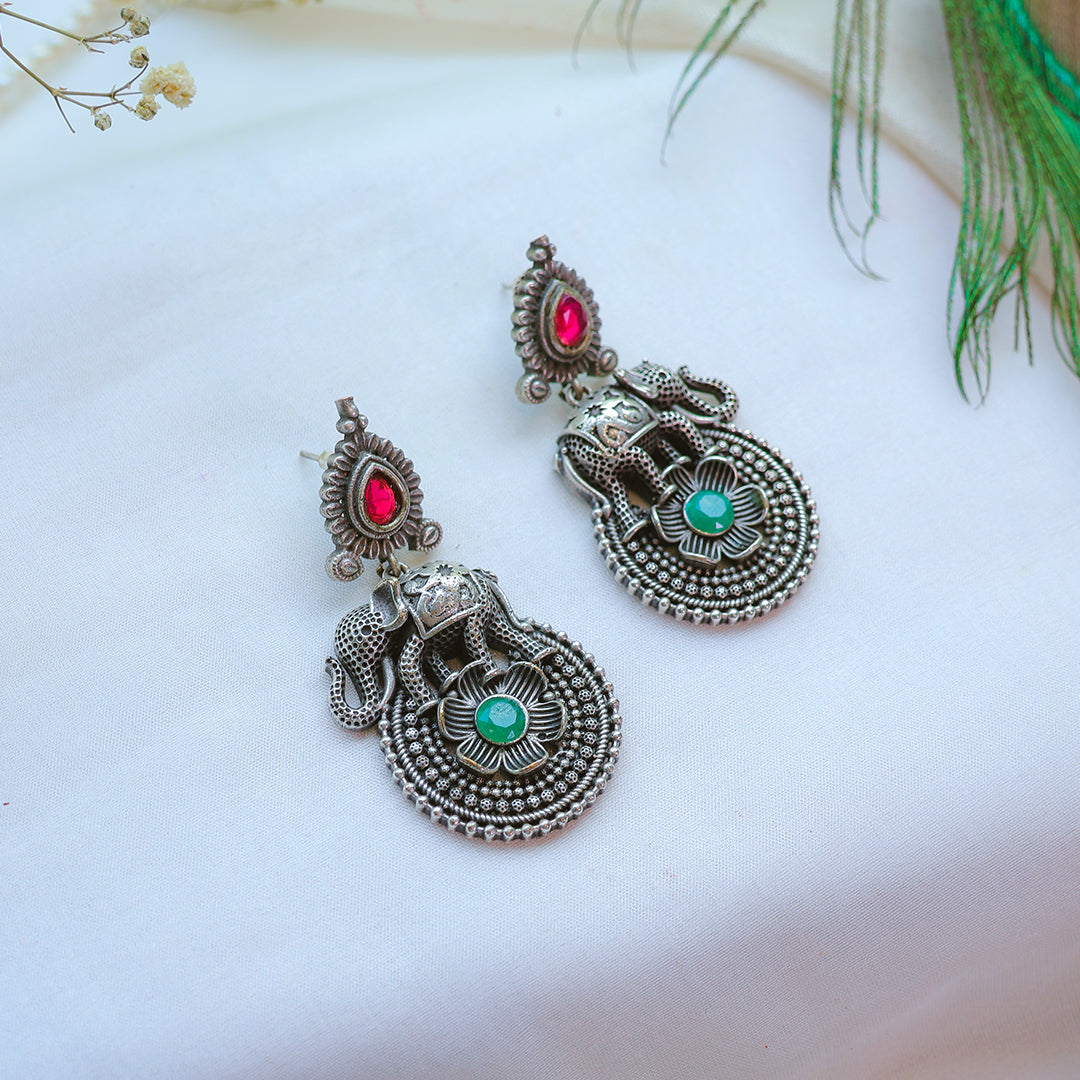 Antique Elephant Motif Oxidized Silver Earrings
