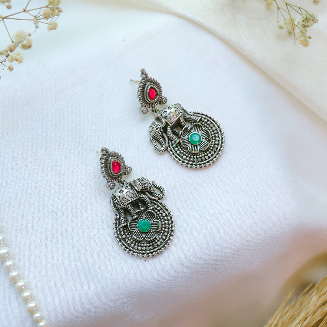Antique Elephant Motif Oxidized Silver Earrings