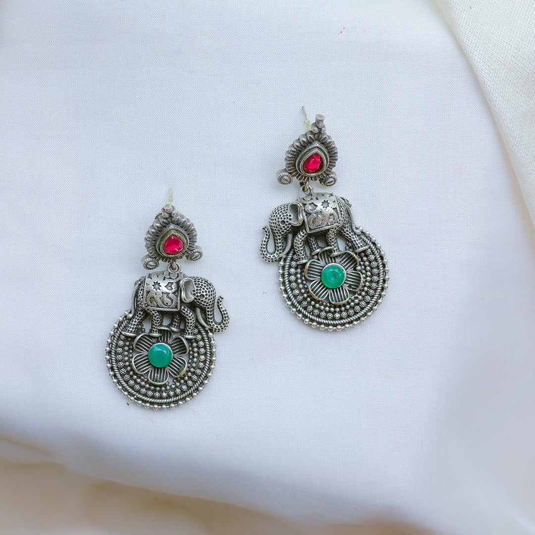 Antique Elephant Motif Oxidized Silver Earrings