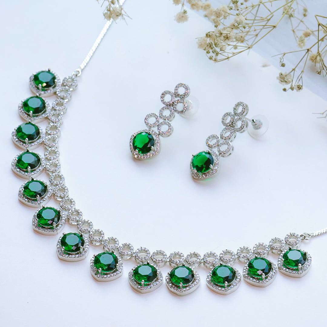 Classic Silver Tone Green American Diamond Studded Set For Women