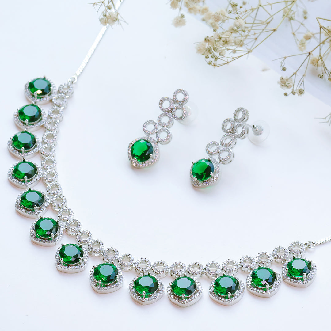 Classic Silver Tone Green American Diamond Studded Set For Women