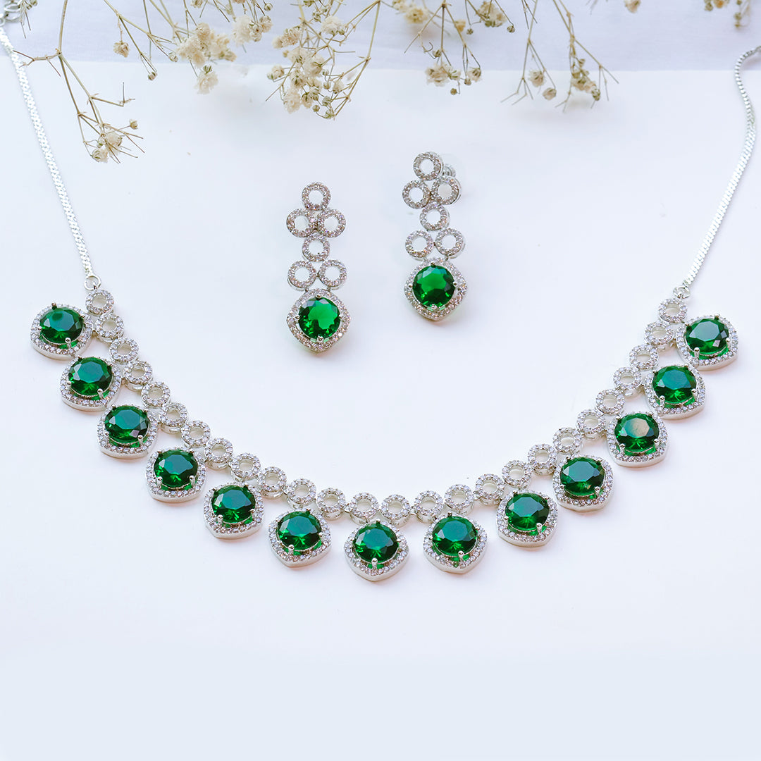 Classic Silver Tone Green American Diamond Studded Set For Women