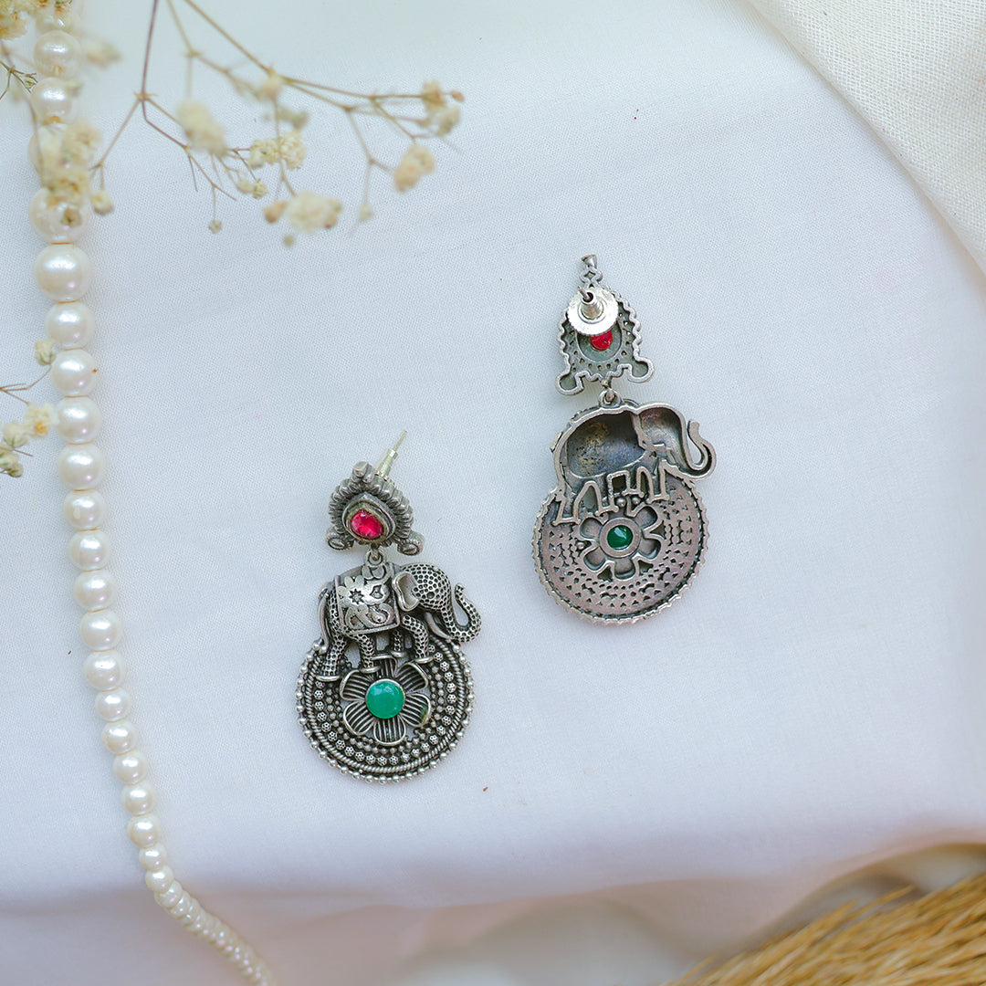 Antique Elephant Motif Oxidized Silver Earrings