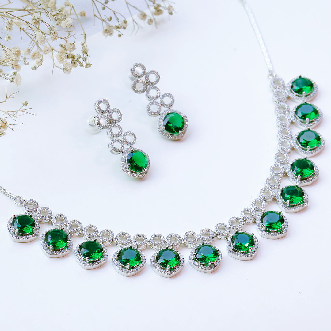 Classic Silver Tone Green American Diamond Studded Set For Women